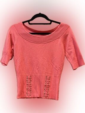 Cache Coral Knit Top Medium Lace Up Waist Sweater Boat Neck Y2K Sexy Fitted